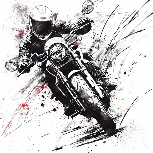 Expressionist motorcycle tattoo design with bold brush strokes and abstract forms, on a white background