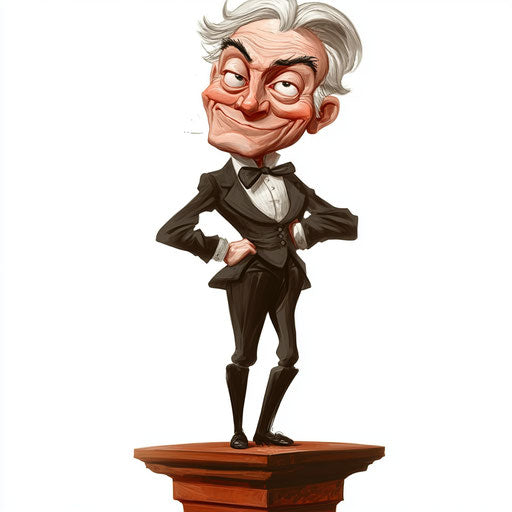 Humorous caricature of a Samuel Morse clipart with human characteristics, exaggerated thin lips, short legs, standing on a pedestal, vibrant colors, cartoon style, winking, high-resolution, no background, isolated