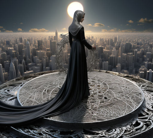 Lady on rooftop, Islamic calligraphy style, black & silver, animated gifs, mirror, queencore, altered books, ferrania p30 29:26