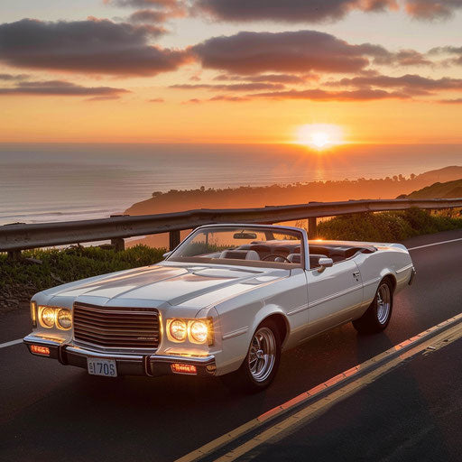 1976 Malibu Classic transformed into a sleek roadster, cruising down Pacific Coast Highway at sunset