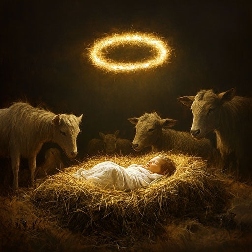 Baby Jesus with a halo, in a manger surrounded by hay, observed by animals