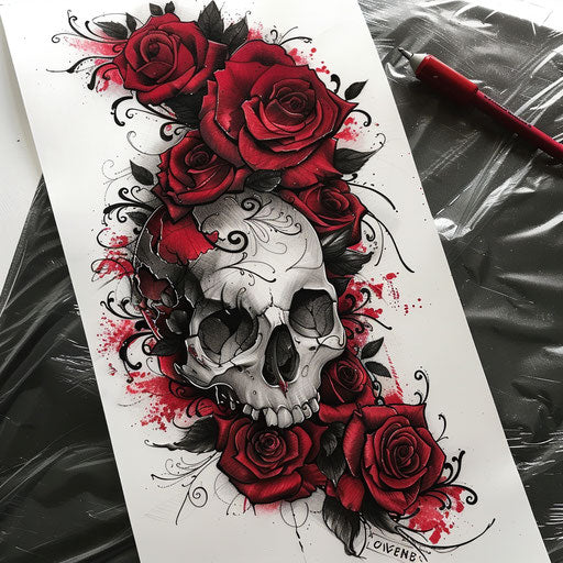 Gothic sketch of a skull surrounded by red and black roses