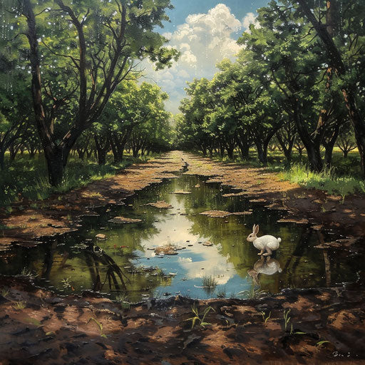 Orchard after storm, white rabbit hopping between trees