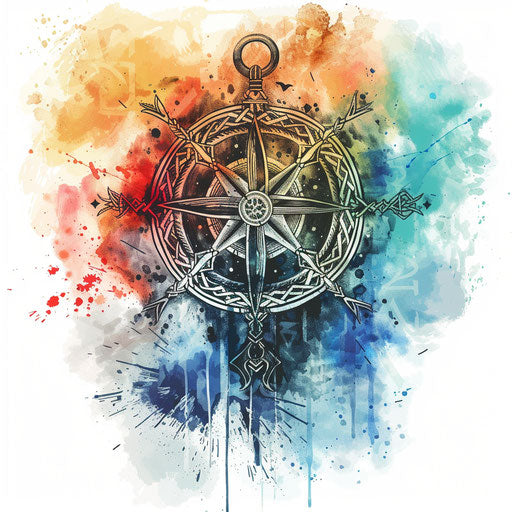 Elegant sketch of a Viking compass with watercolor effects