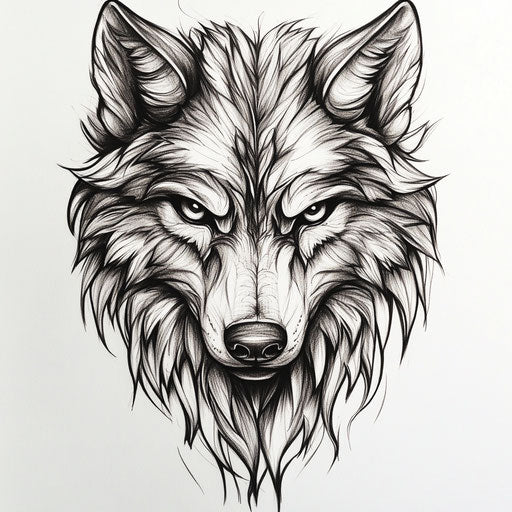 Realistic and piercing wolf hand tattoo drawing on white background
