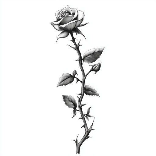Flat tattoo sketch with rose and thorn vine in black and white on white