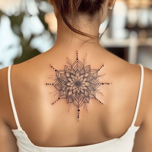Geometric black starburst tattoo sketch on white shoulder