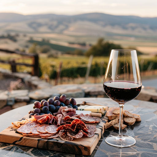 Glass of red wine and charcuterie board on outdoor table