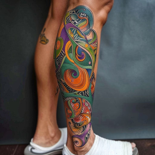 Leg tattoos for women in the style of Guy Aitchison with vibrant, abstract designs
