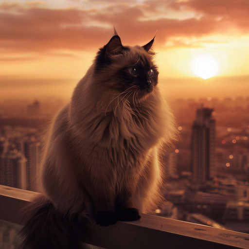 Himalayan cat on a balcony overlooking a cityscape at sunset