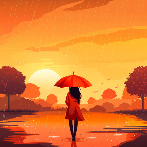 Realistic rainy day clipart on a flat sunset orange background