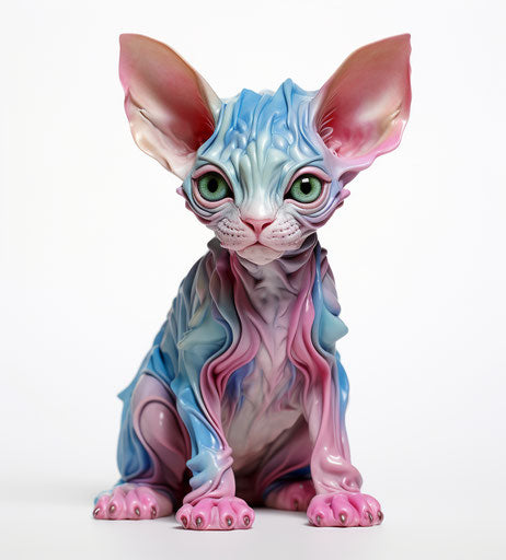 Sphynx kitten on white background, light maroon and dark indigo, heavy shading, dark silver and light beige, light pink and light emerald, symmetrical 26:29