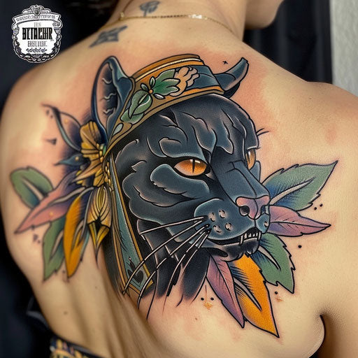 Neo-traditional black panther tattoo, rich in color and detail