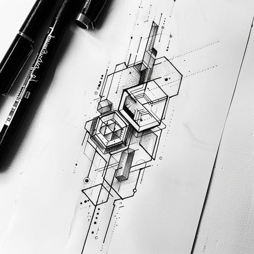 Abstract flat tattoo sketch with a hexagon breaking into smaller geometric shapes