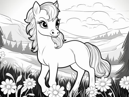 Pony coloring, English countryside, playful caricature, delicate flowers, high contrast