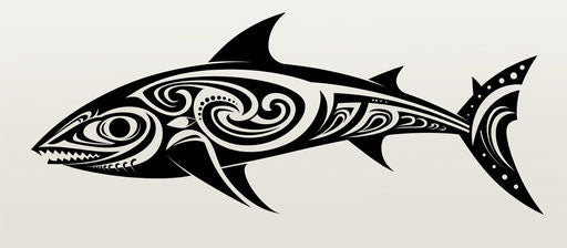 Tattoo illustration of a tribal shark, in the style of avian-themed, Papua New Guinea art