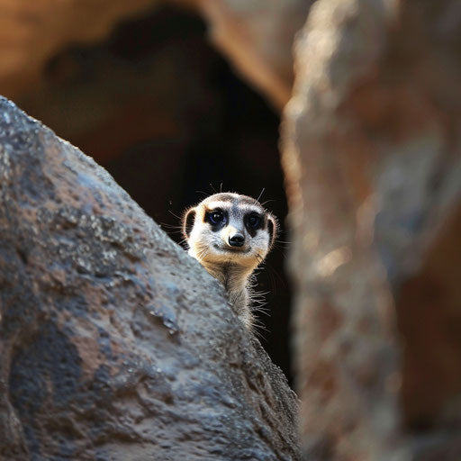 Meerkat playing hide and seek behind a rock