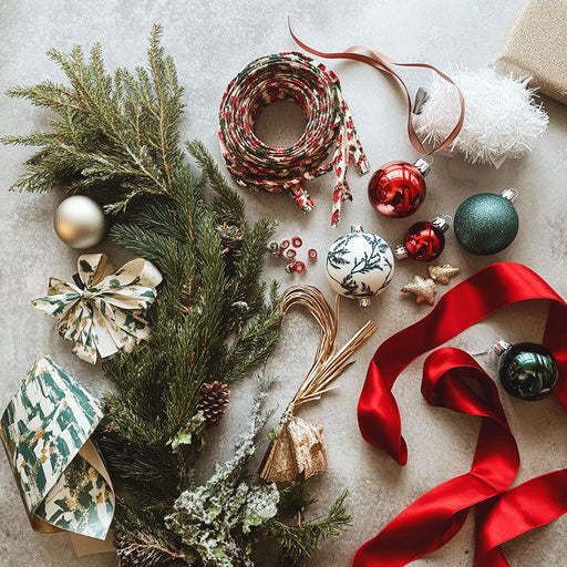 DIY Christmas garland crafting scene with ribbons and ornaments