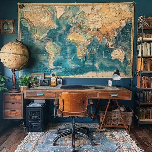 Home office with large map for travelers and global workers