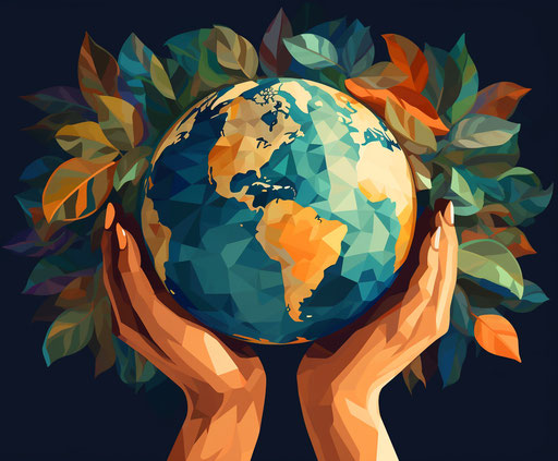 Earth globe held by hands with green leaves