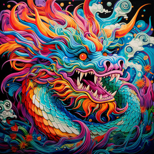 The Asian dragon with colorful tattoo, holotone printing style