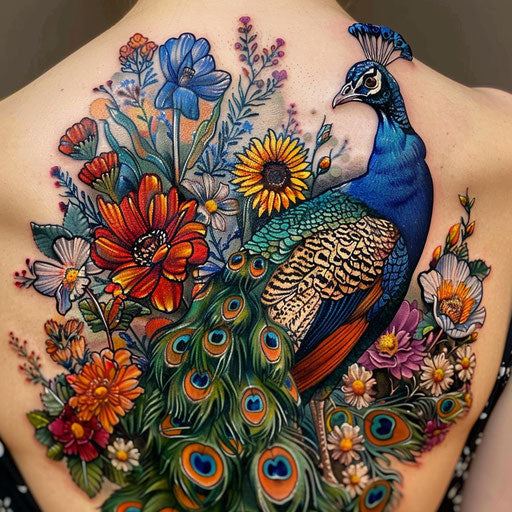 Wildflower tattoo with peacock, vibrant colors, detailed feathers, luxurious