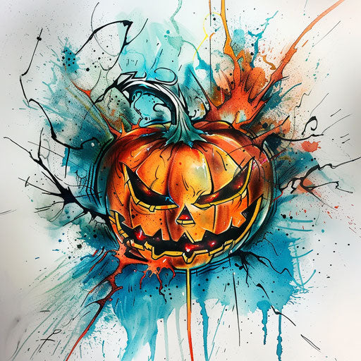 Dynamic tattoo sketch of a pumpkin exploding with energy lines in a vivid color mix