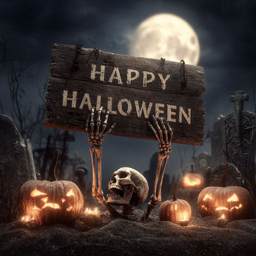 Spooky Halloween Scene with Skull and Glowing Pumpkins