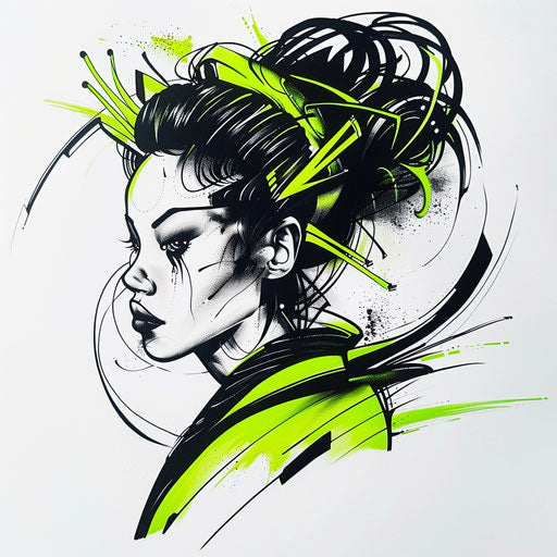 Bold geisha tattoo in black and neon green on white background
