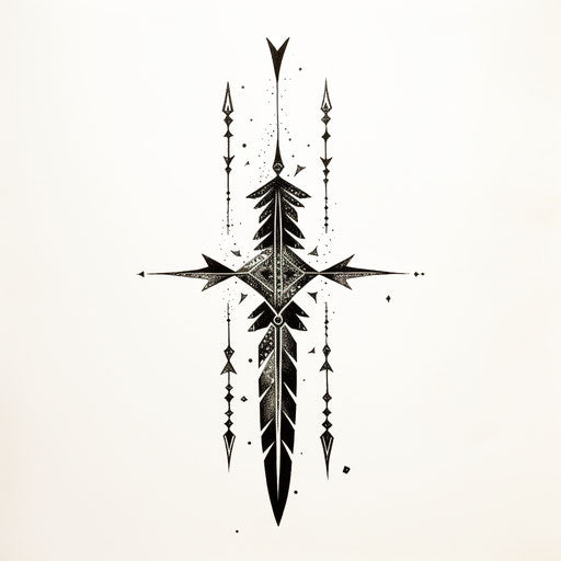 Black arrow with arrowheads drawn on white background art, columns and totems style