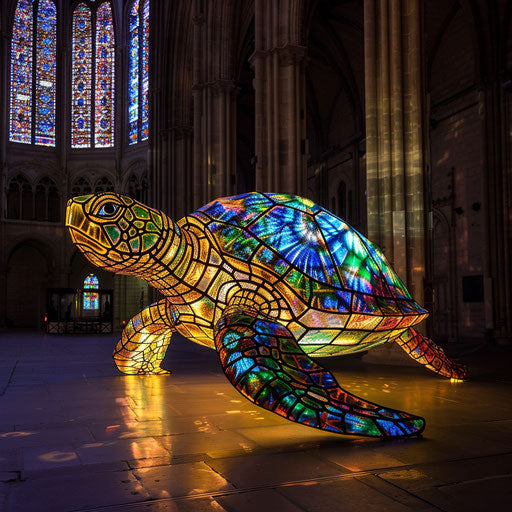 A stained glass turtle in the light of a cathedral