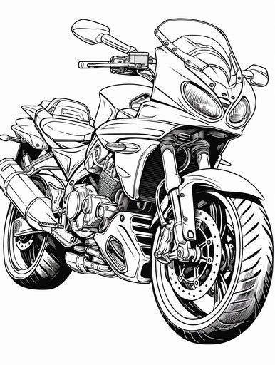 Motorcycle coloring page in xbox 360 style, auto body works, animal intensity, 70mm, wet-on-wet blending, sfumato, cut/ripped 3:4