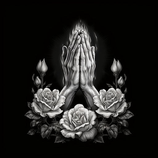 Praying hands with roses on black background, monochrome style