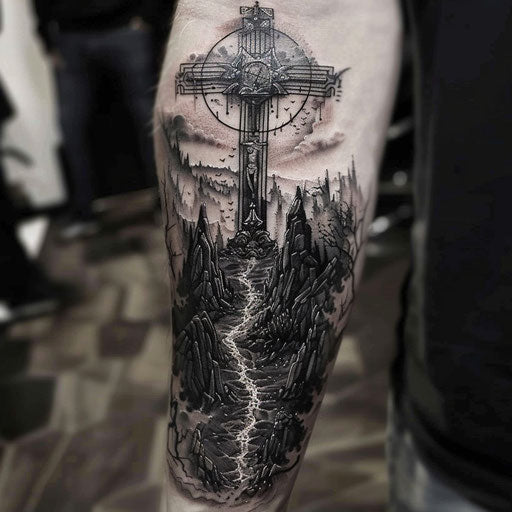 Epic religious pilgrimage cross tattoo in Peter Jackson style