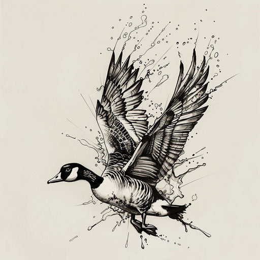 Dynamic sketch of a goose landing with splashes of abstract water