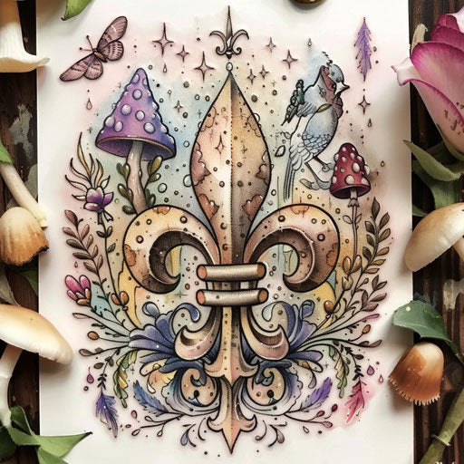 Whimsical tattoo sketch of a fleur de lis surrounded by fairy tale illustrations in soft watercolors