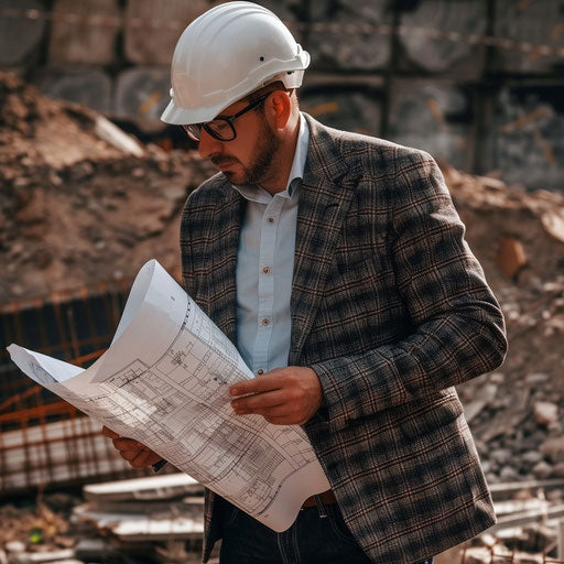 Blueprints reviewer at site, in suit and hard hat