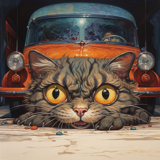 Cat lying under a car with head peering out