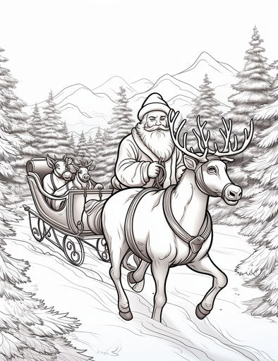 The santa coloring pages with the reindeer on his sleigh