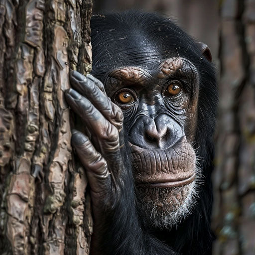 Chimpanzee peeking from behind a tree with curiosity