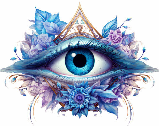 All-seeing eye, blue and blue symbol, intricate floral patterns
