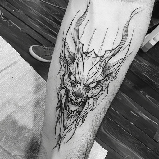 Bold flat tattoo sketch of a Wendigo's face with fierce eyes and dramatic shading