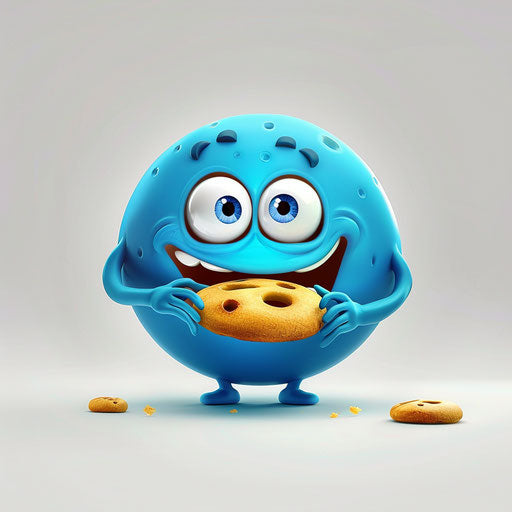 Cute blue spherical character eating cookie