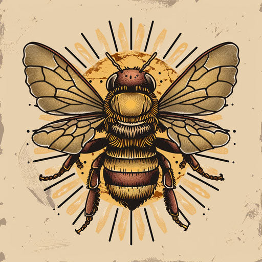 Rustic tattoo sketch of a queen bee with woodcut textures and earthy colors in a simple clipart style