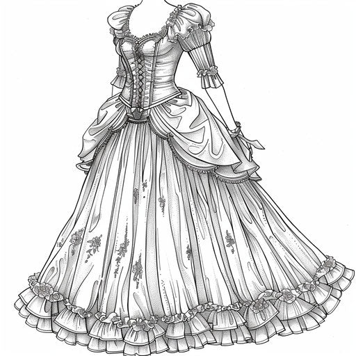 Detailed Victorian dress with ruffles and intricate embroidery. Coloring book page
