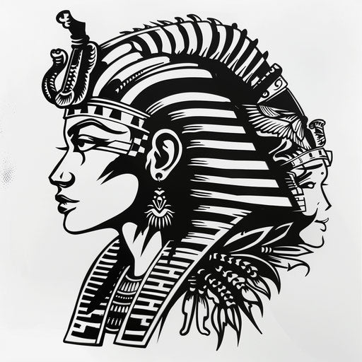 Cleopatra and the Sphinx tattoo stencil, bold black outline on a white canvas