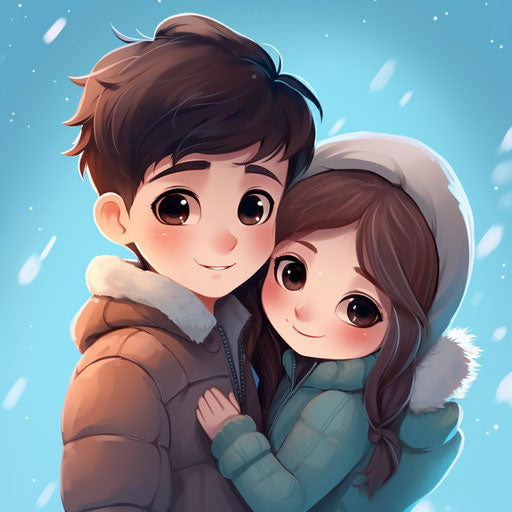 Cartoon girl and boy in love in white and cyan style