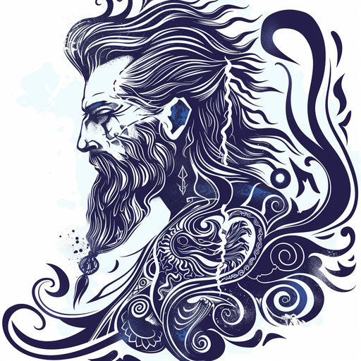 Stylized Zeus holding lightning bolt, Greek motifs, ideal sleeve
