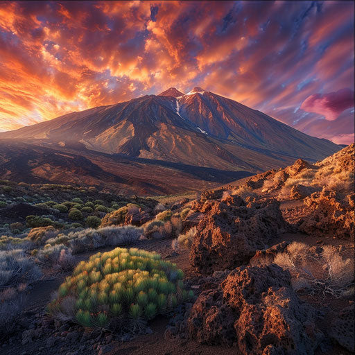 Mount Teide, Canary Islands' rugged terrain at dawn, in the style of William Patino