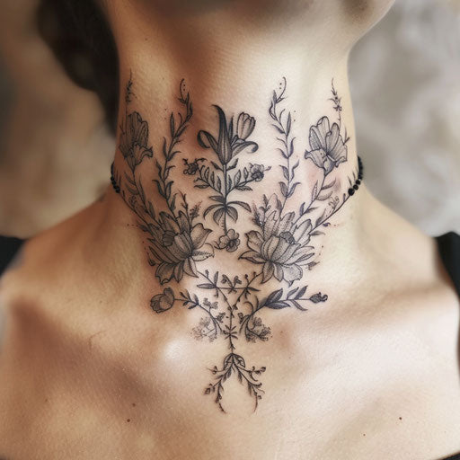 Neck tattoo with delicate floral designs